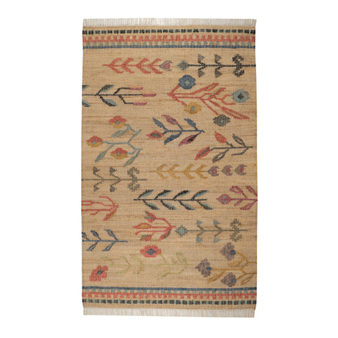 Folk Floral Kilim Natural Handwoven Jute Rug