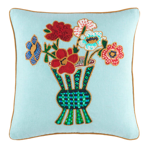 Blooming Bouquet Embroidered Dusty Aqua Decorative Pillow Cover